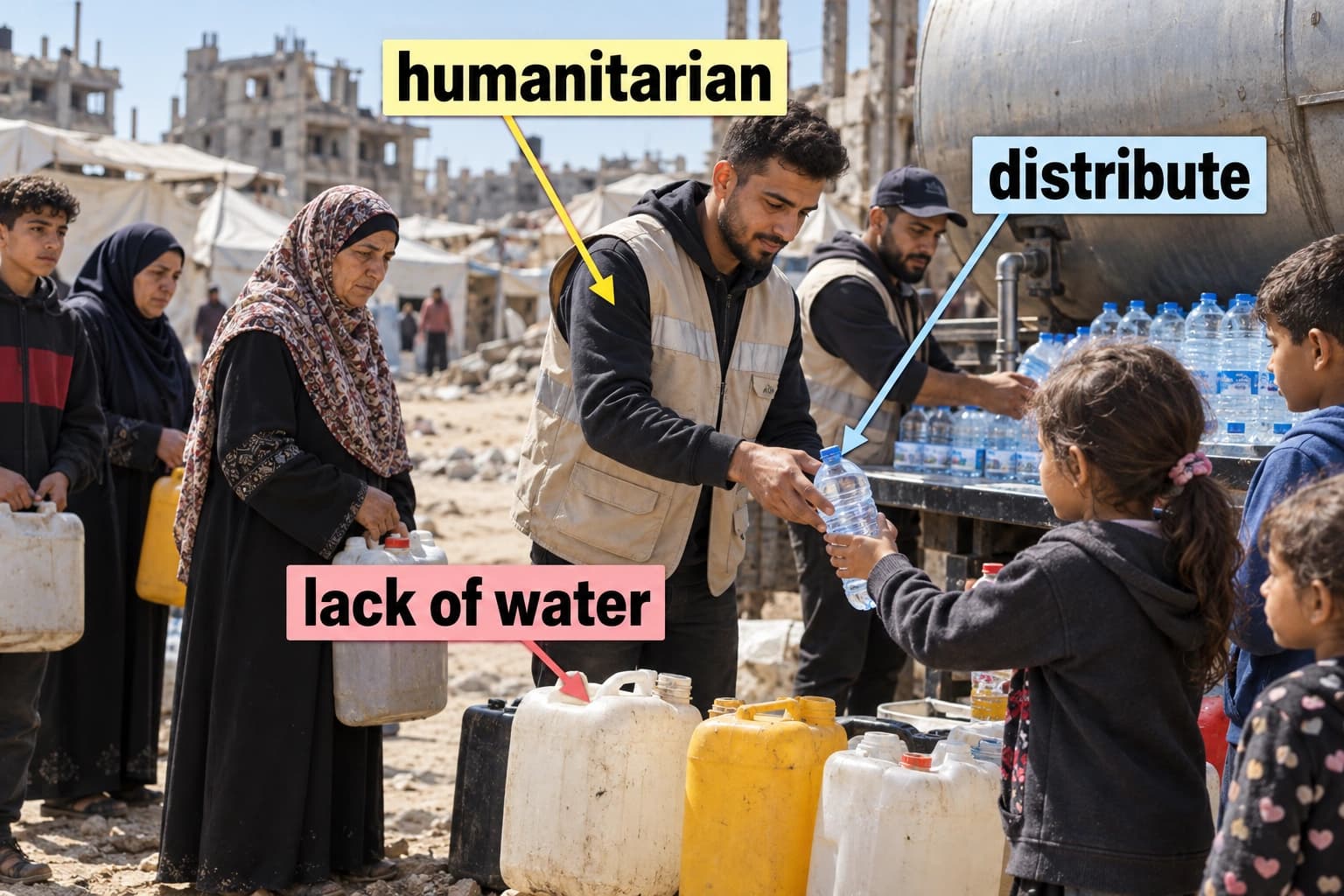عمّال إغاثة في غزة يوزّعون الماء.