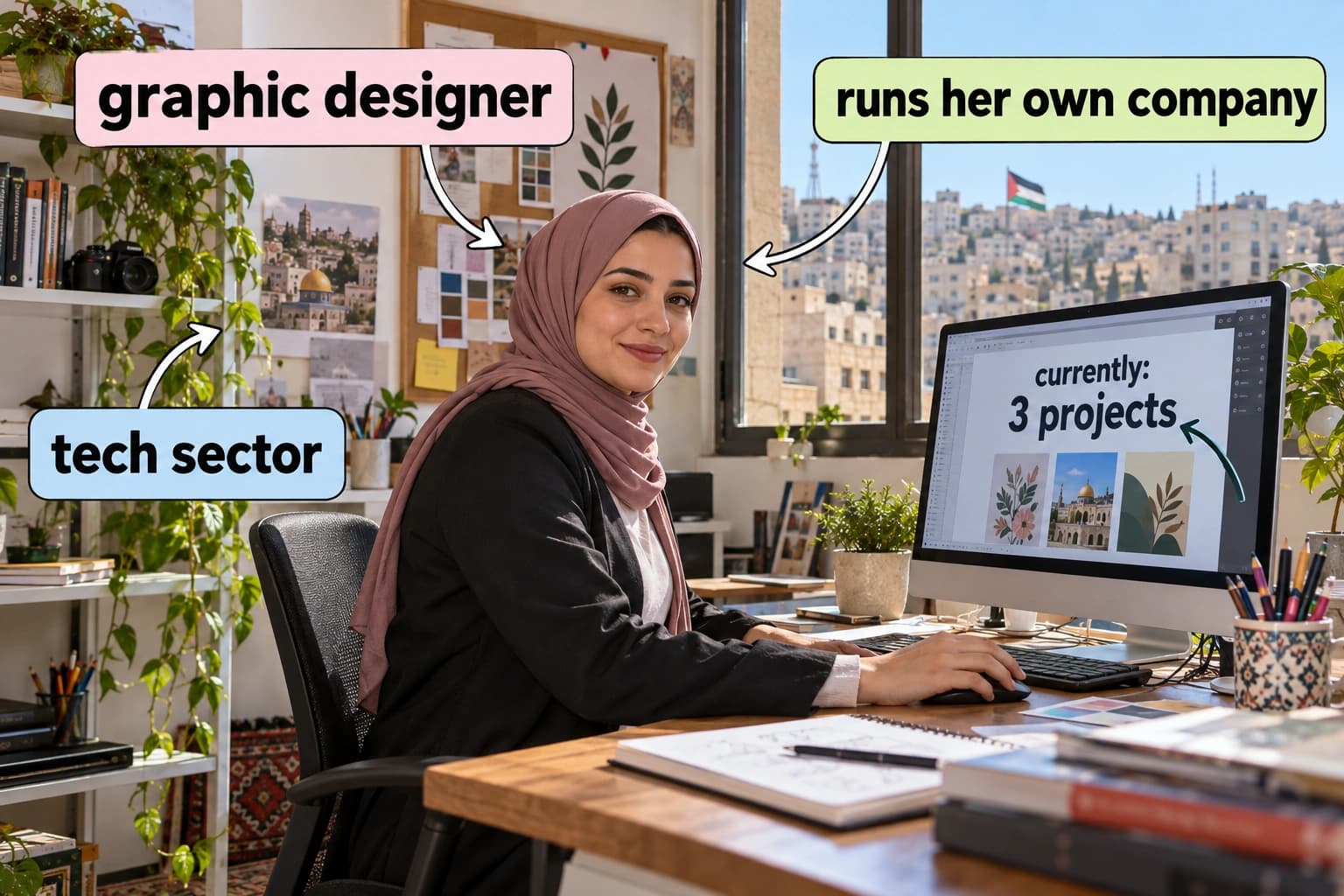 شابة في مكتب تصميم في رام الله تدير شركتها.