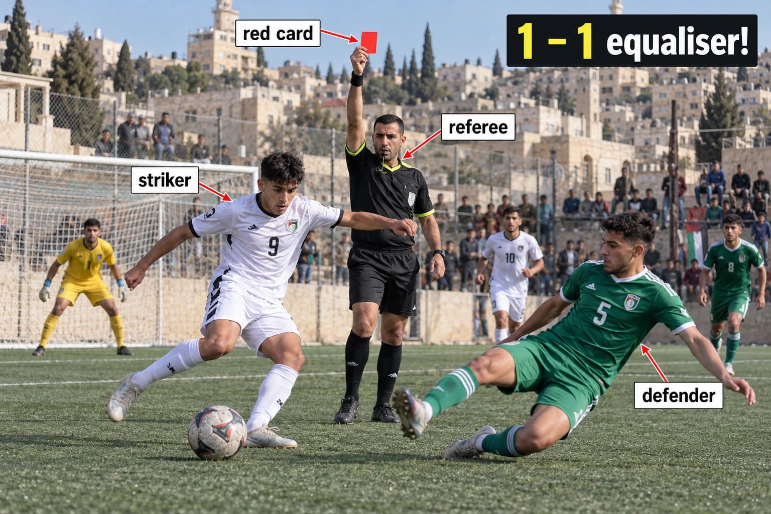 مباراة شباب في الرام وعليها أسماء اللاعبين والحكم.