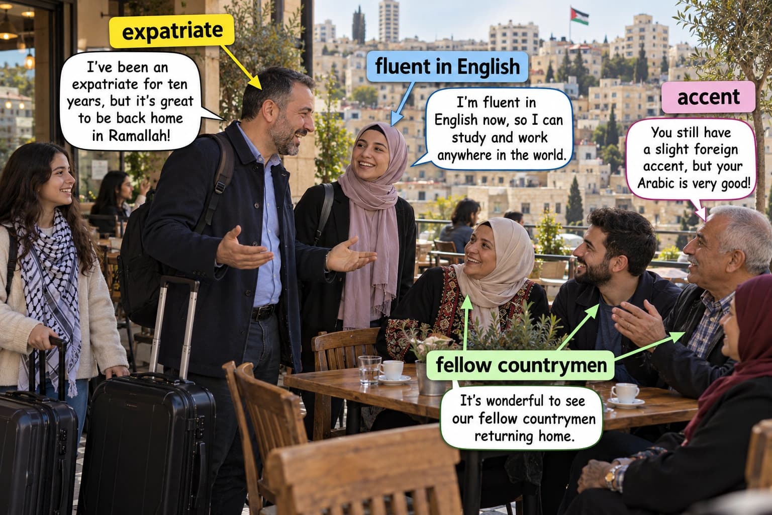 عائلة فلسطينية عائدة من الخارج تجلس مع أقاربها في رام الله.