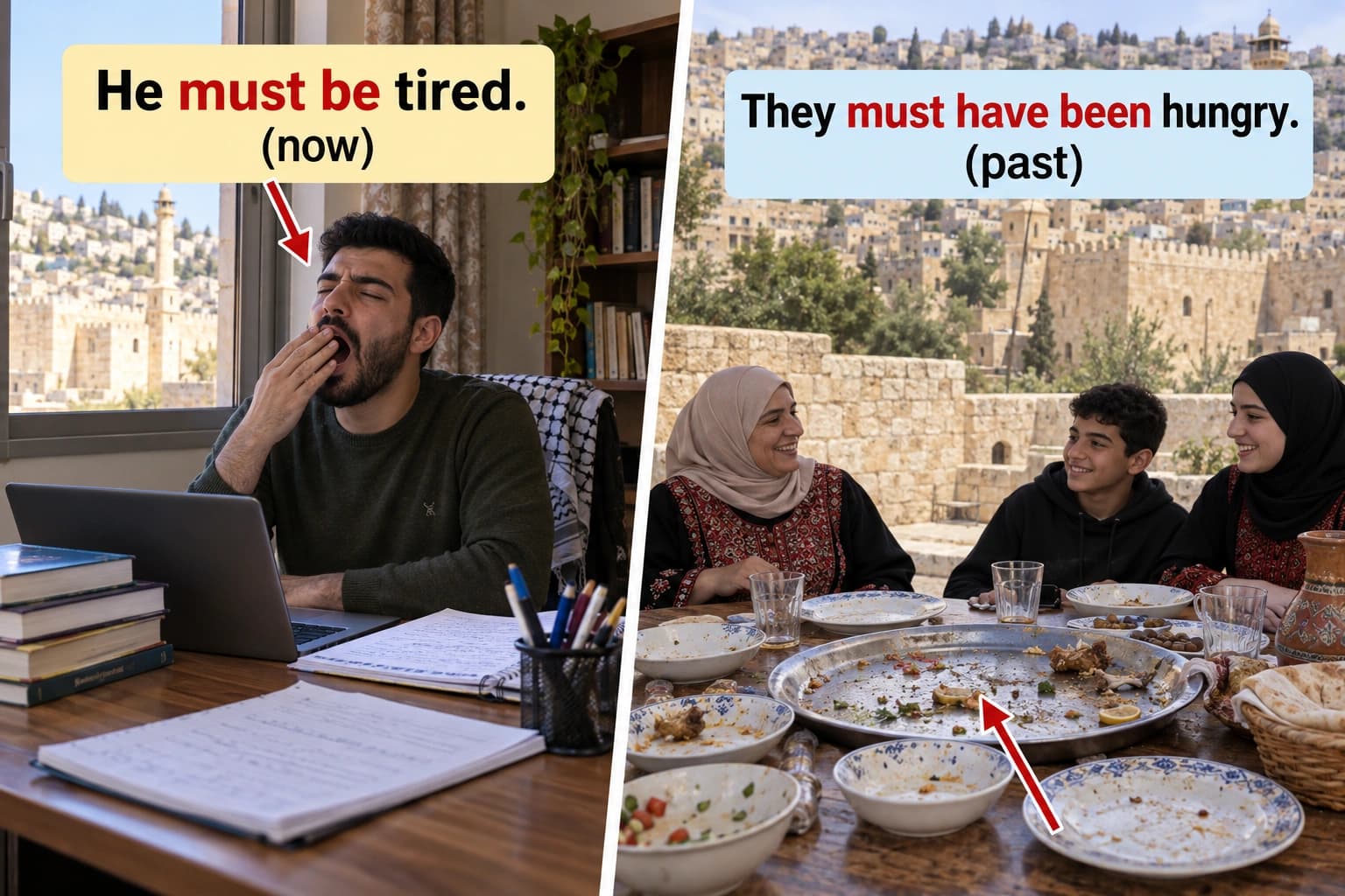 رجل يتثاءب الآن، وصحون فارغة بعد غداء عائلي.