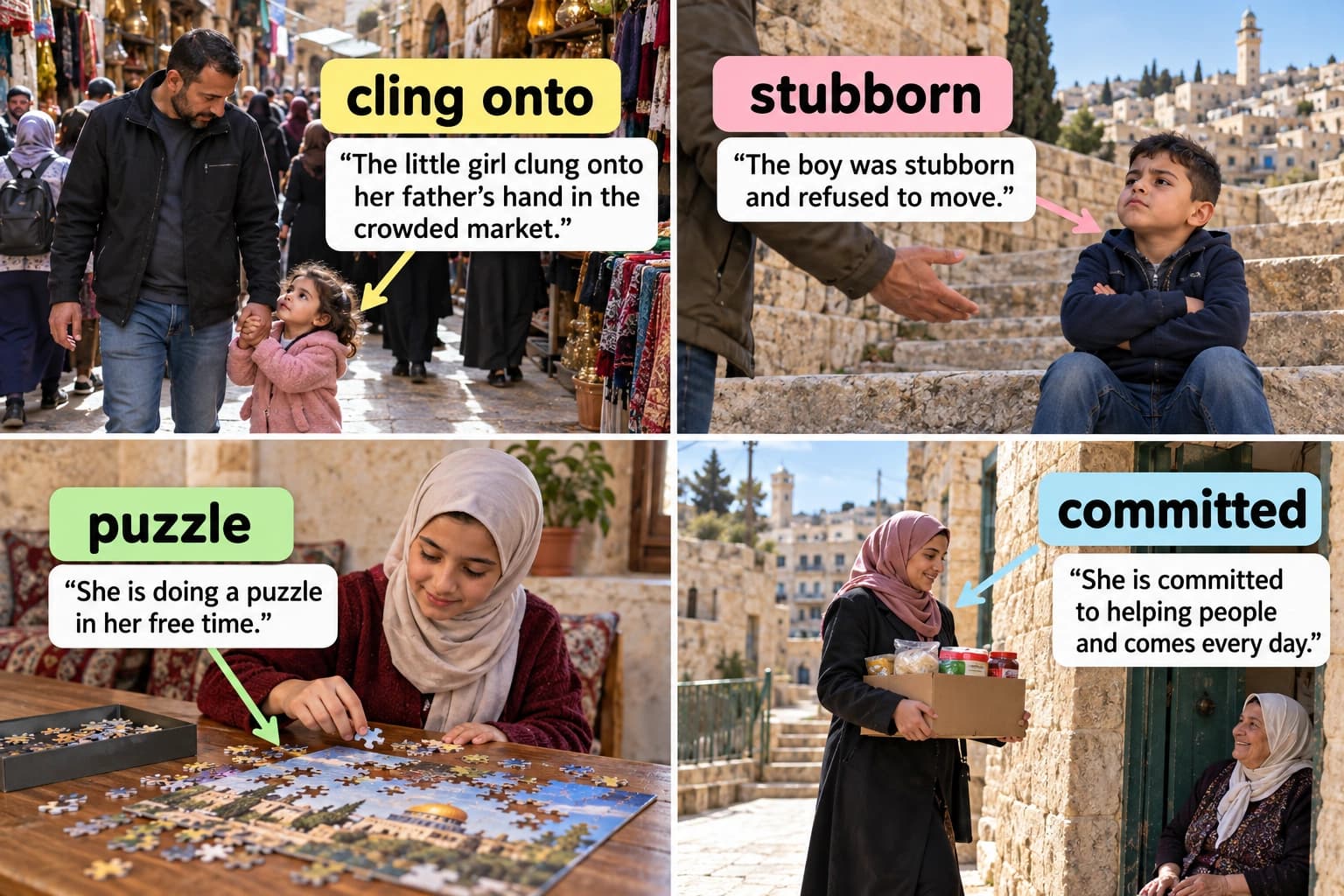 طفل يتشبث بيد أبيه، وولد عنيد، وفتاة تحل لغزًا، ومتطوع ملتزم.