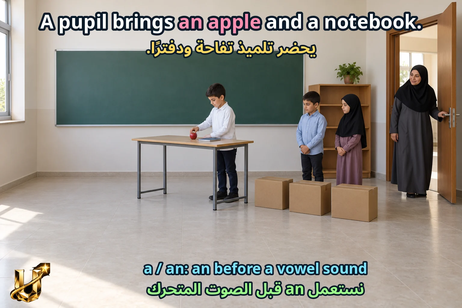صورة تعليمية للدرس «أدوات التعريف والجمع» مع الجملة الإنجليزية وترجمتها العربية.