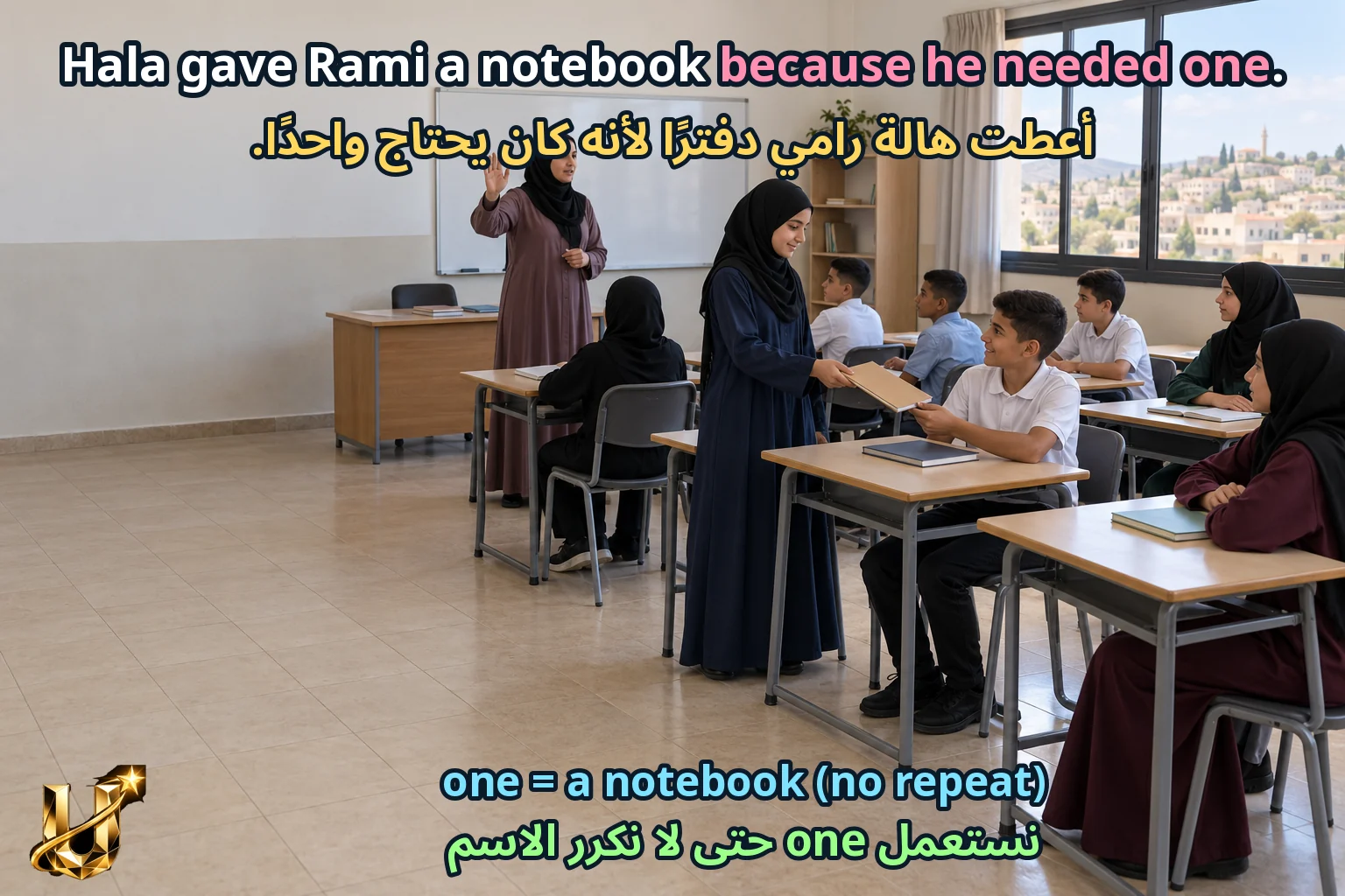 صورة تعليمية للدرس «الربط والإحالة في الفقرة» مع الجملة الإنجليزية وترجمتها العربية.