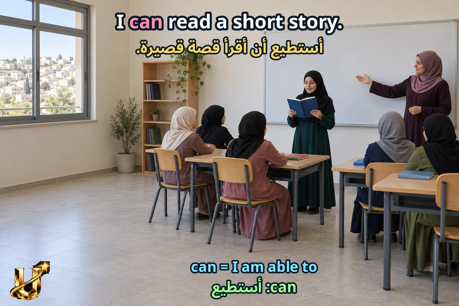 صورة تعليمية للدرس «القدرة والإذن والنصيحة والالتزام» مع الجملة الإنجليزية وترجمتها العربية.