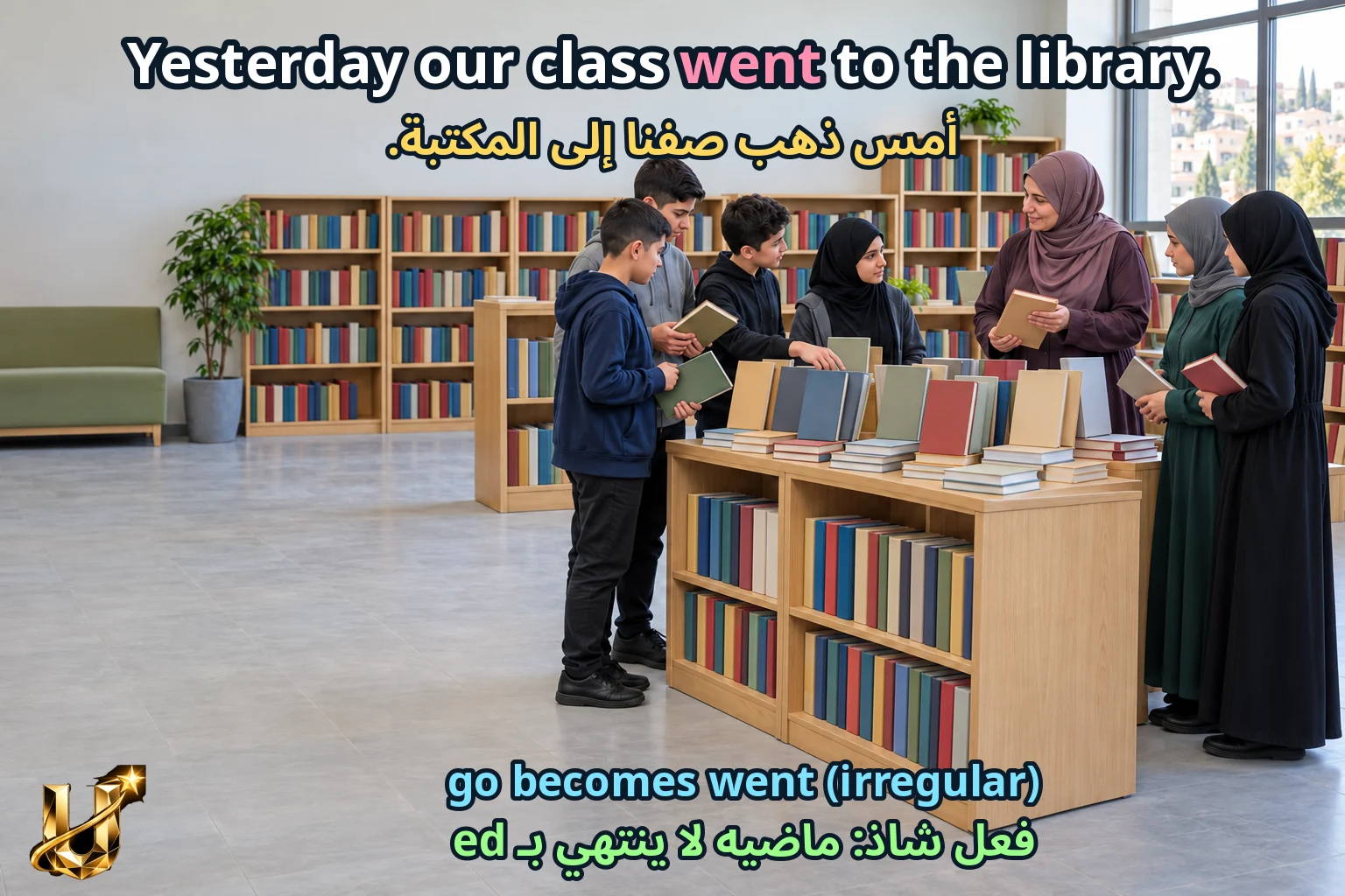 صورة تعليمية للدرس «الماضي البسيط المنتظم والشاذ» مع الجملة الإنجليزية وترجمتها العربية.