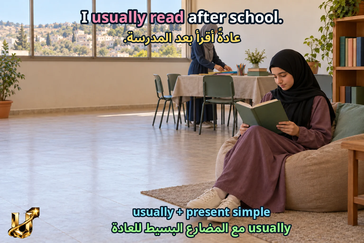 صورة تعليمية للدرس «المضارع البسيط والمستمر وأفعال الحالة» مع الجملة الإنجليزية وترجمتها العربية.