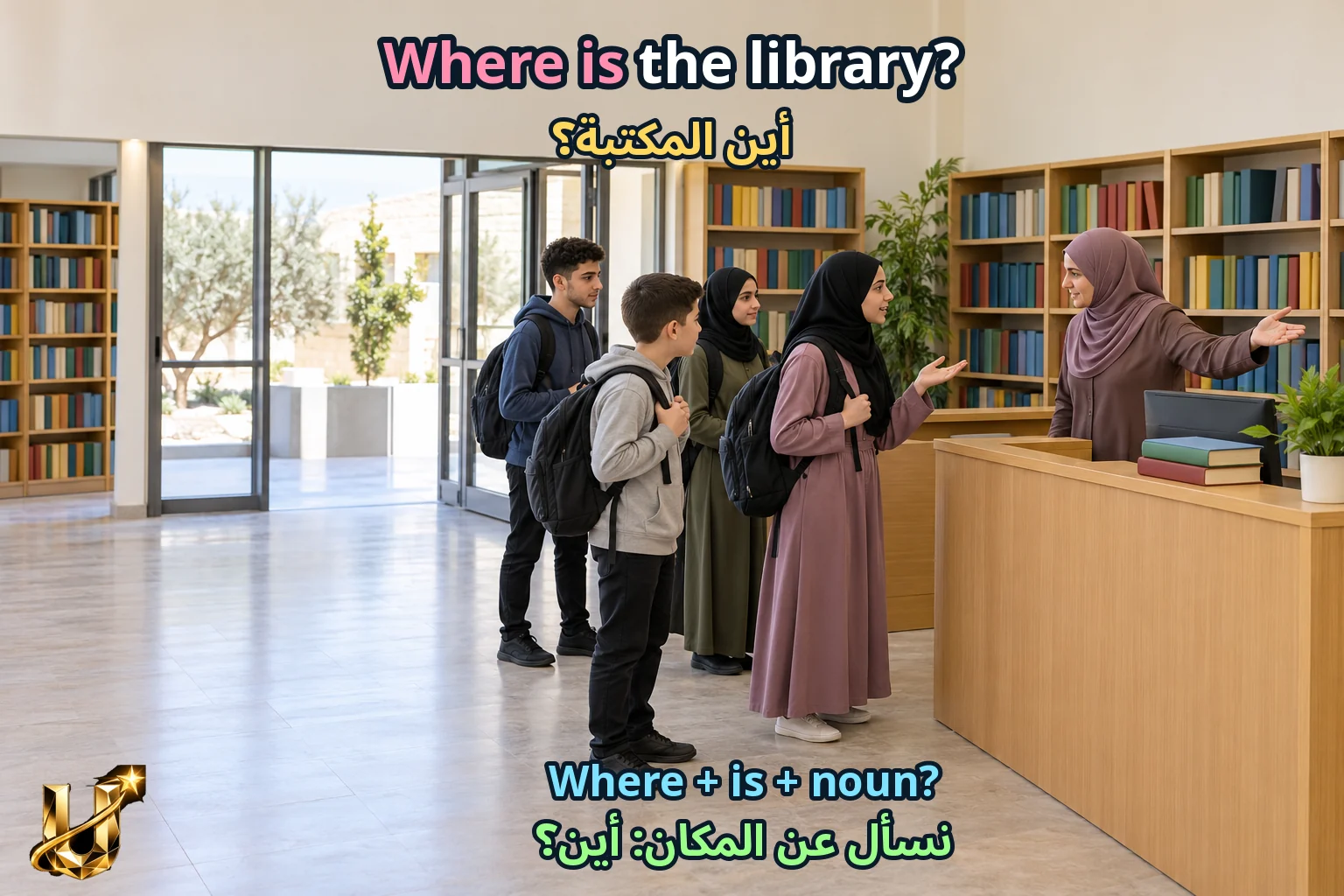 صورة تعليمية للدرس «أدوات الاستفهام وترتيب السؤال» مع الجملة الإنجليزية وترجمتها العربية.