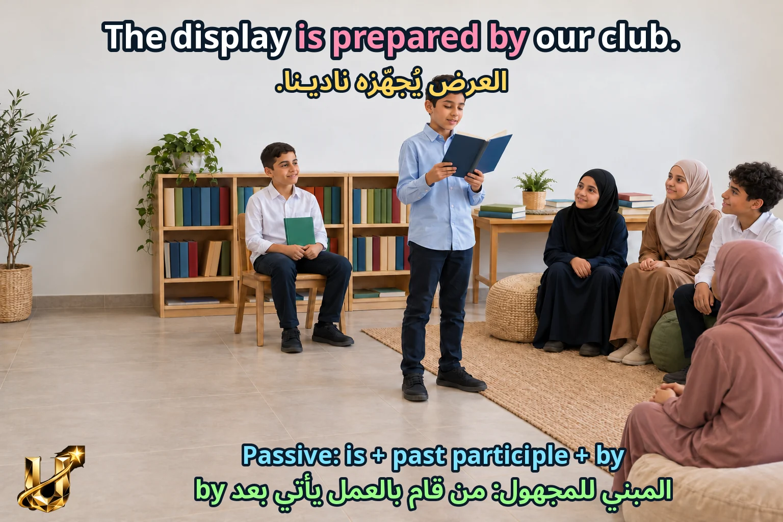 صورة تعليمية للدرس «جسر إثرائي: الوصل والمبني للمجهول» مع الجملة الإنجليزية وترجمتها العربية.