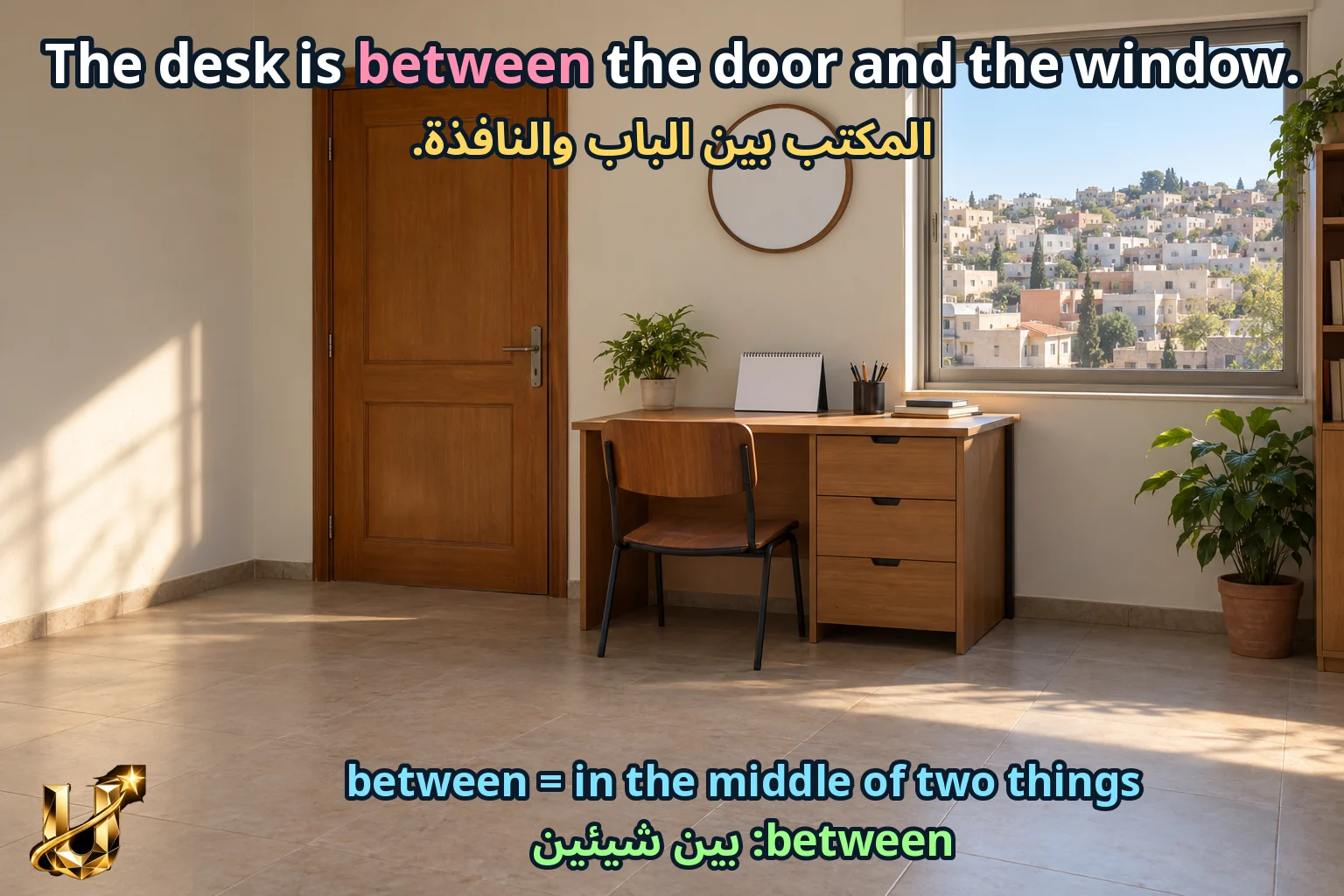 صورة تعليمية للدرس «حروف الجر والوقت والتاريخ» مع الجملة الإنجليزية وترجمتها العربية.