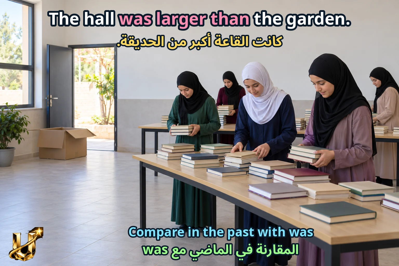 صورة تعليمية للدرس «مراجعة التطبيق والتواصل — الوحدات 5–8» مع الجملة الإنجليزية وترجمتها العربية.