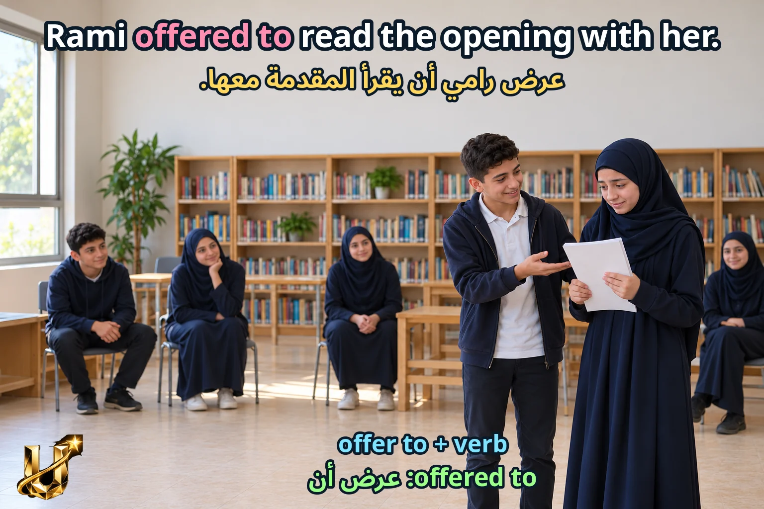 صورة تعليمية للدرس «قصة قصيرة ومشاعر الشخصية» مع الجملة الإنجليزية وترجمتها العربية.