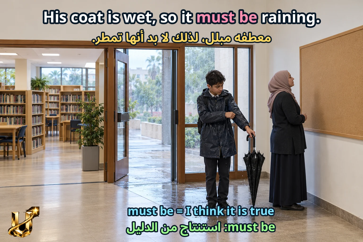 صورة تعليمية للدرس «الدليل والاستنتاج والكلمة من السياق» مع الجملة الإنجليزية وترجمتها العربية.