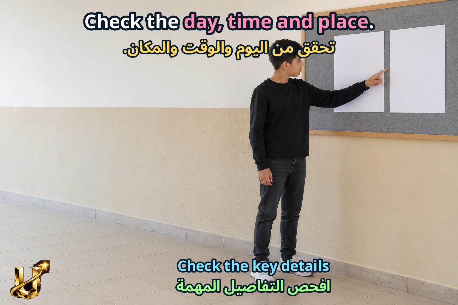 صورة تعليمية للدرس «نقرأ إعلانا وجدولا ونموذجا» مع الجملة الإنجليزية وترجمتها العربية.