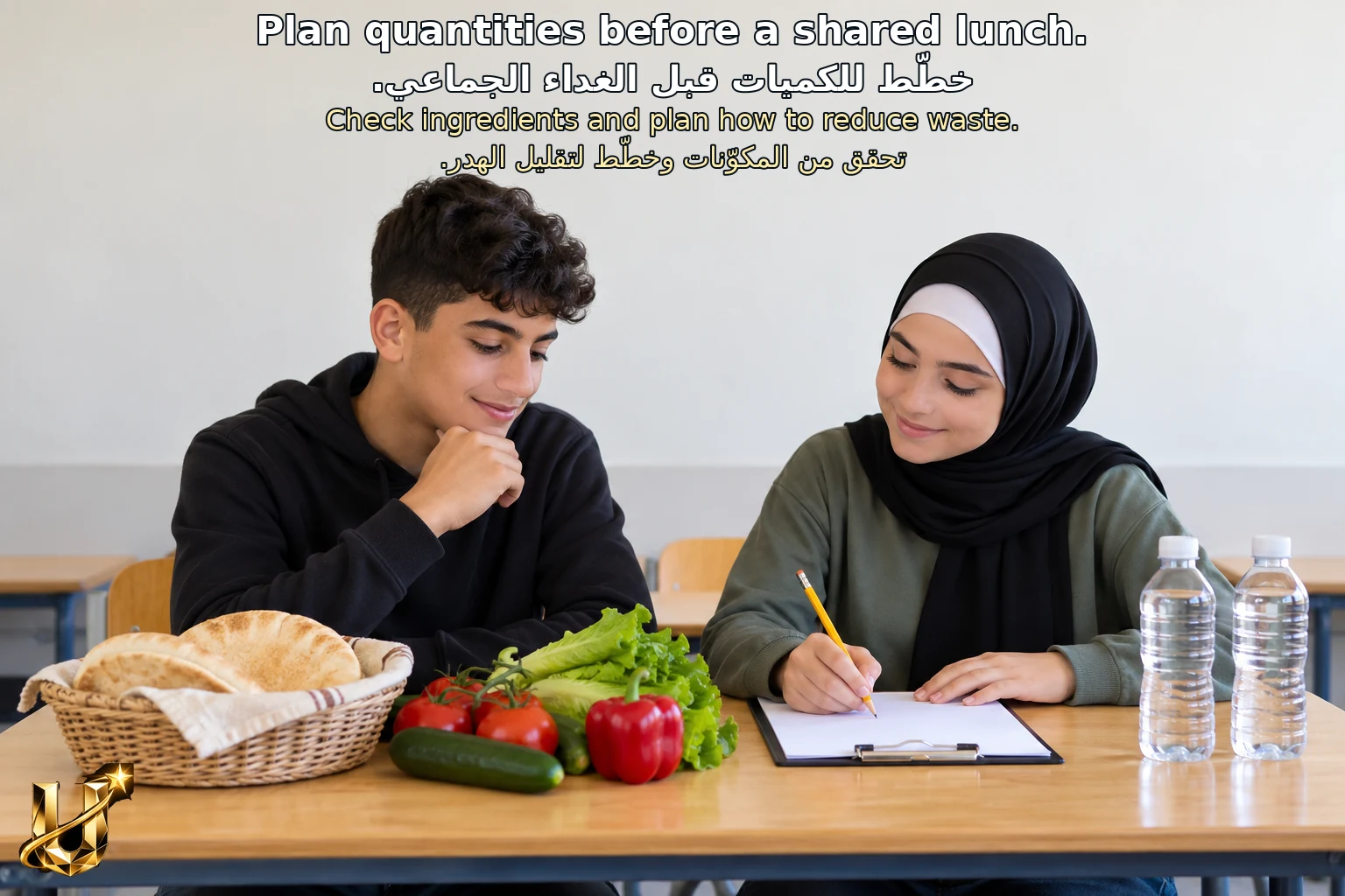 طالبان يخططان للكميات والمكوّنات في غداء جماعي خيالي.