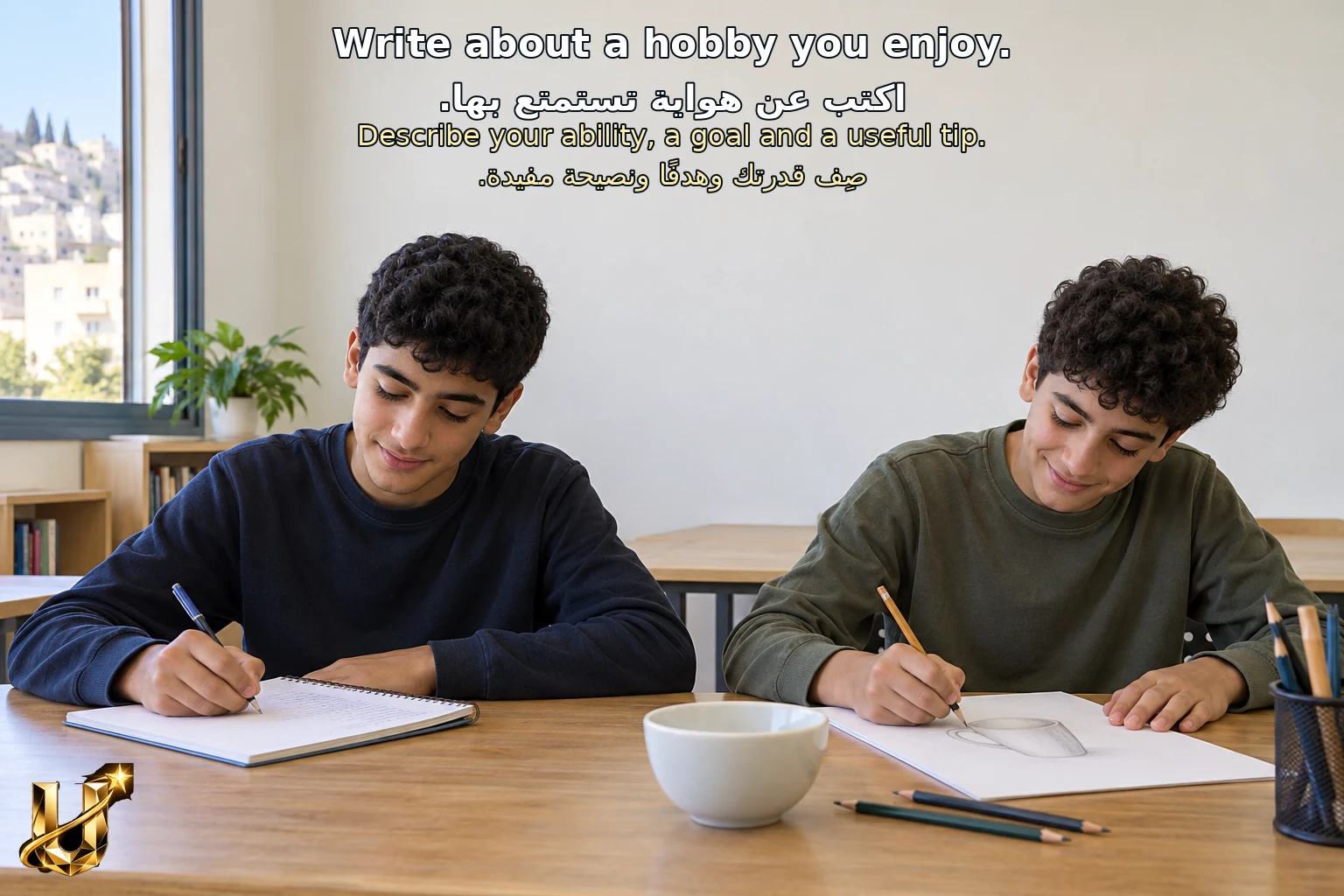 طالب يكتب عن هواية وزميله يتدرب على الرسم في شفاعمرو.