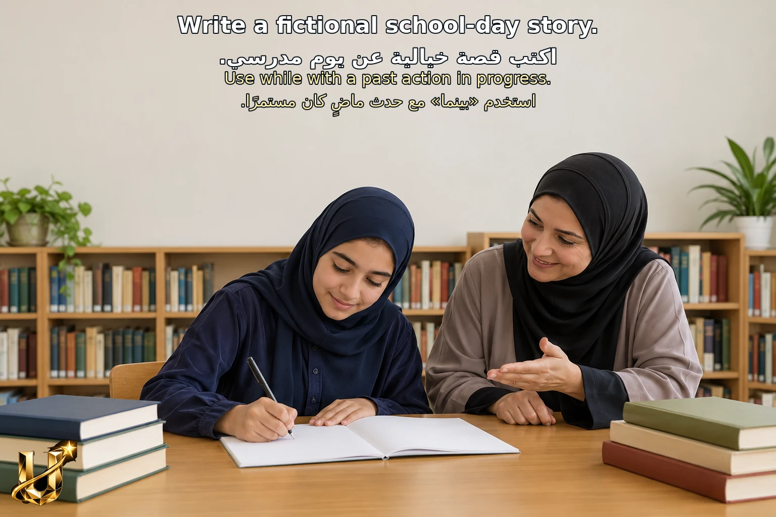 طالبة برهط تكتب قصة مدرسية خيالية بإرشاد المعلمة، مع توضيح استخدام بينما لحدث ماضٍ مستمر.