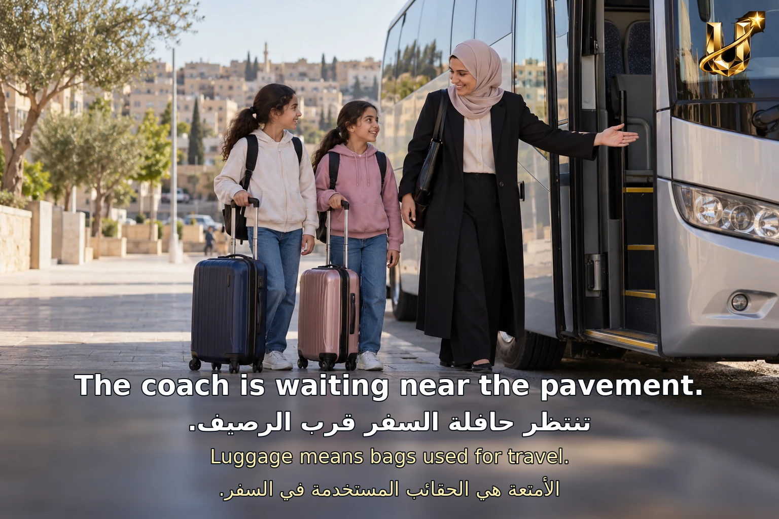 تنتظر حافلة السفر قرب الرصيف.