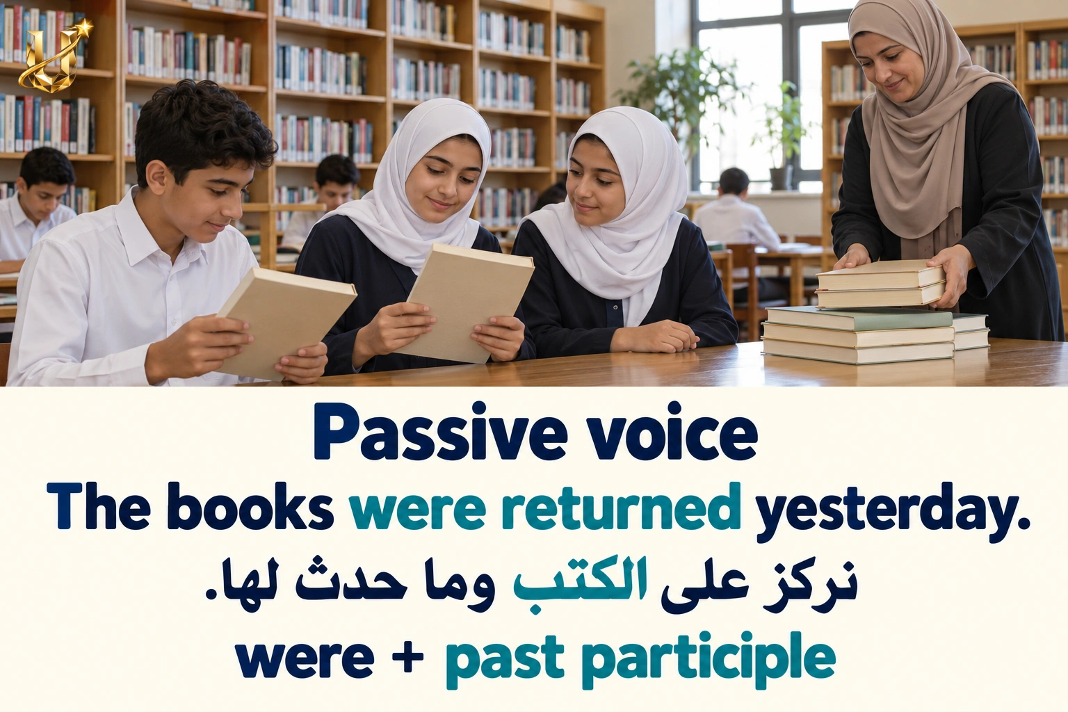 طلاب عرب محتشمون في مكتبة بالسلط يقارنون كتب أغلفتها فارغة، طاولة قراءة وإضاءة هادئة، — نركز على الكتب وما حدث لها.