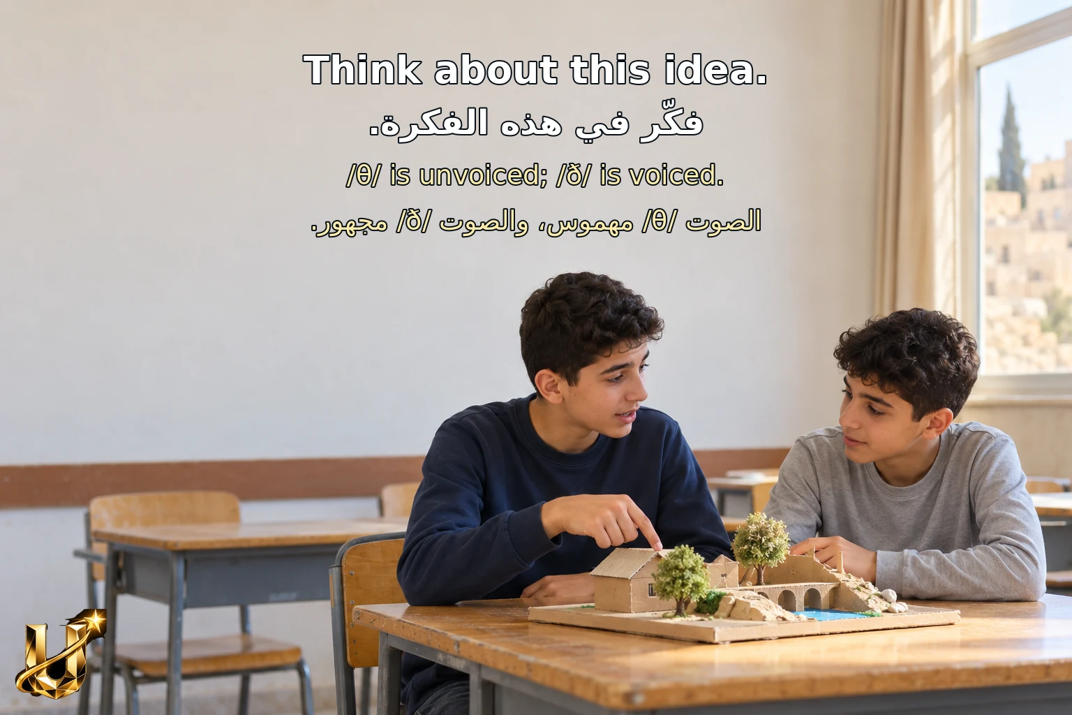 طالبان يناقشان فكرة؛ يوضح الشرح الفرق بين صوتي th المهموس والمجهور، ولا يغني عن التسجيل.