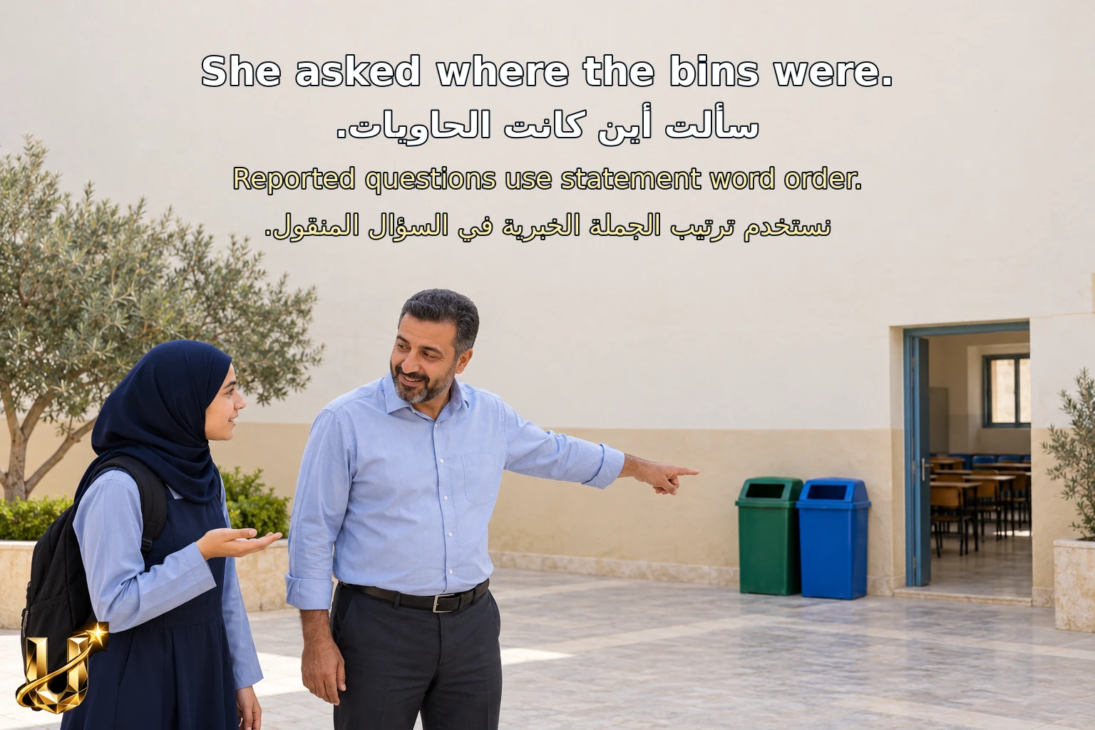 طالبة تسأل معلمها عن موضع الحاويات؛ يوضح الشرح ترتيب السؤال المنقول.