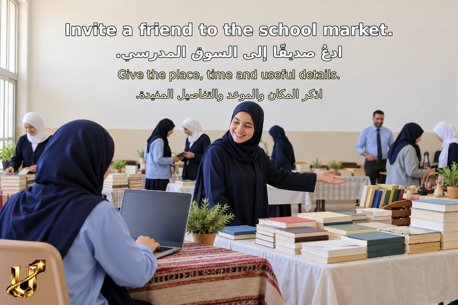 طالبة تكتب دعوة خيالية لسوق كتب مدرسي في الكرك مع تفاصيل المكان والموعد.