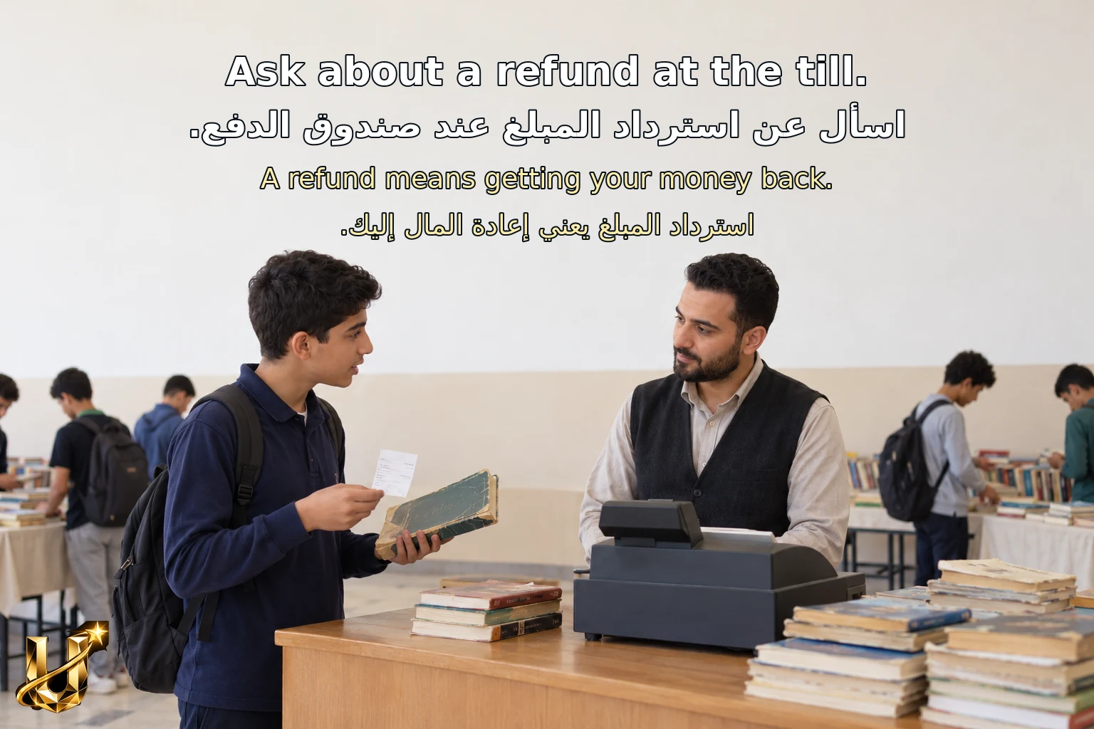 طالب يسأل بأدب عن استرداد مبلغ كتاب معيب عند صندوق الدفع في سوق مدرسي بالكرك.