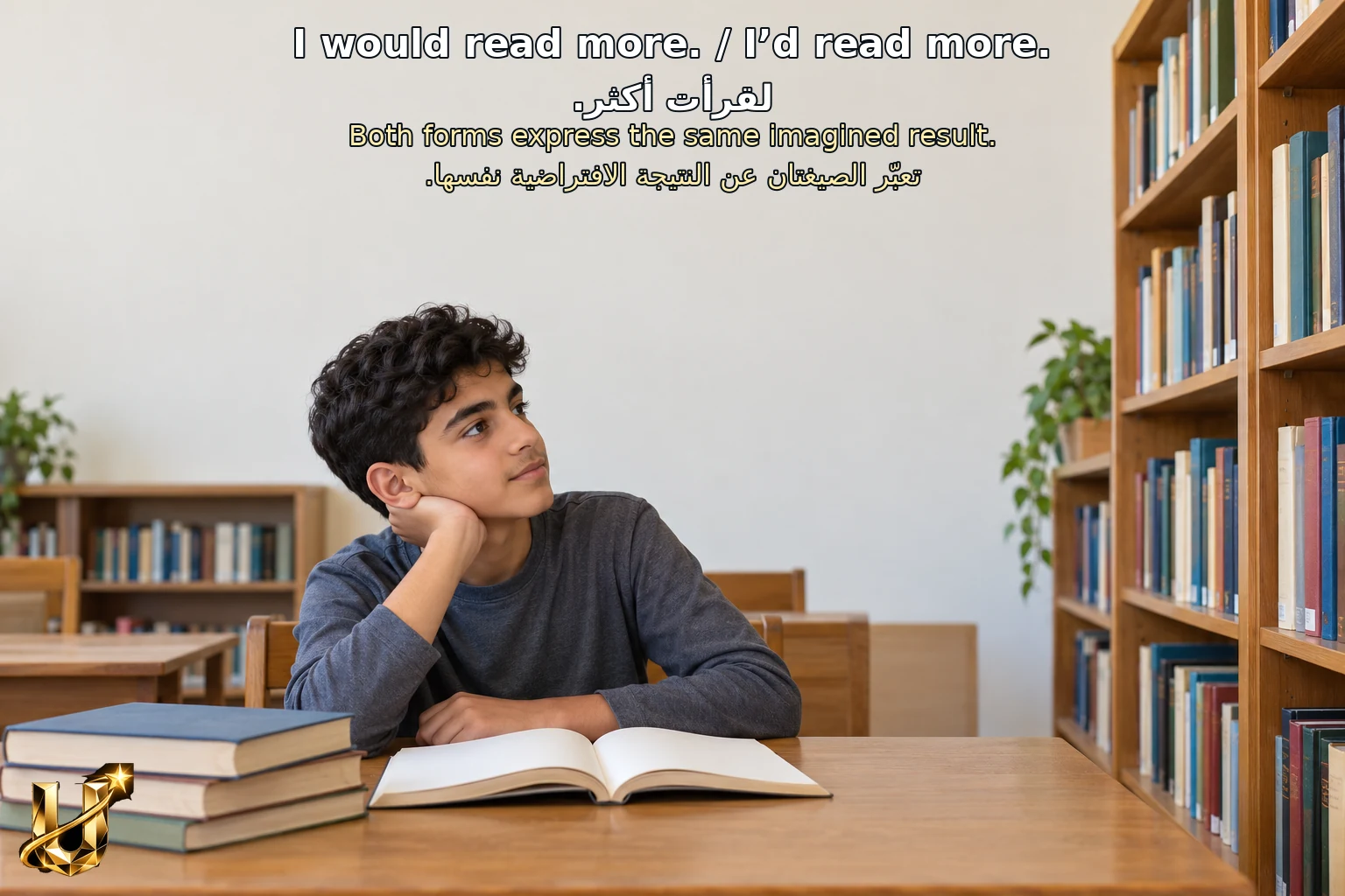 طالب يتخيل وقتًا أكثر للقراءة؛ مثال مكتوب للصيغة الكاملة والمختصرة للفعل المساعد.