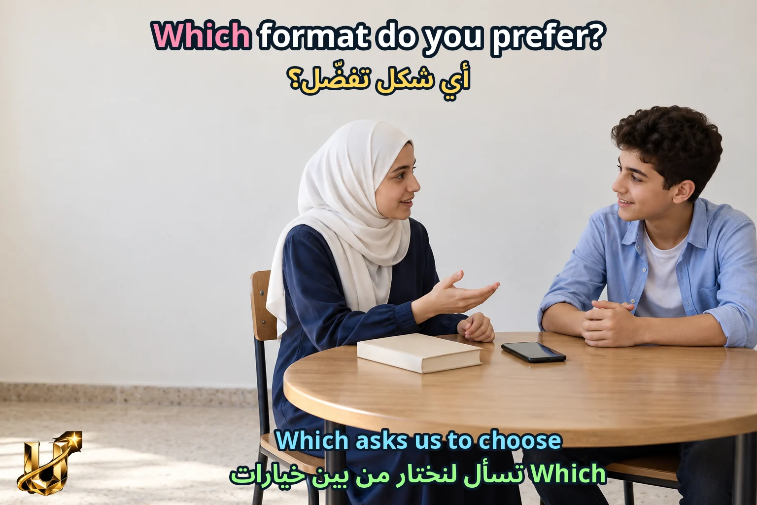 صورة تعليمية للدرس «مقابلة مهذبة وتصميم رسالة بلا كلمات» مع الجملة الإنجليزية وترجمتها العربية.