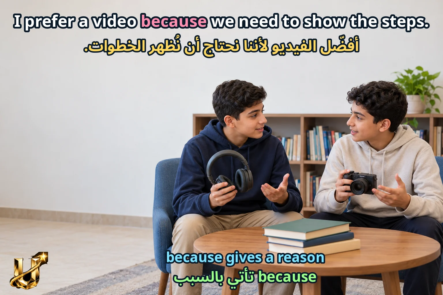 صورة تعليمية للدرس «نستمع للتفاصيل — هيا نتحدث» مع الجملة الإنجليزية وترجمتها العربية.