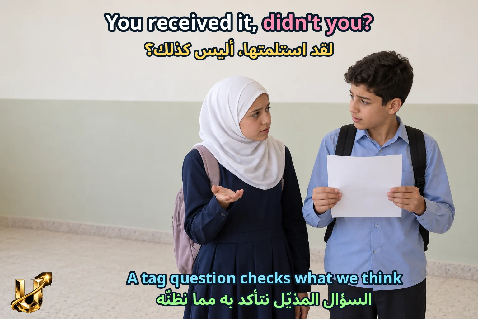 صورة تعليمية للدرس «تنغيم السؤال المذيل حسب درجة التأكد» مع الجملة الإنجليزية وترجمتها العربية.