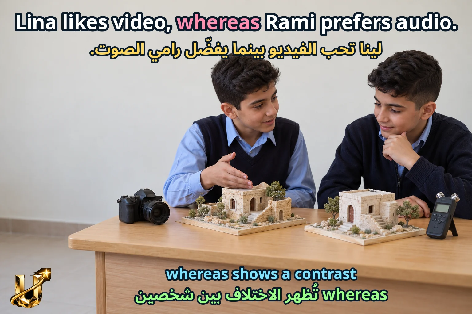 صورة تعليمية للدرس «المساواة والمقارنة بـwhereas» مع الجملة الإنجليزية وترجمتها العربية.