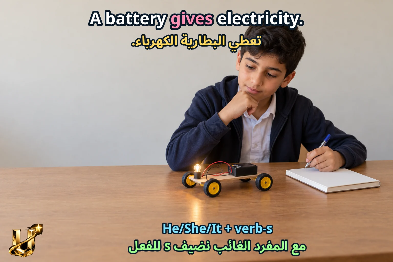 صورة تعليمية للدرس «المفردات في السياق — الاختراعات» مع الجملة الإنجليزية وترجمتها العربية.