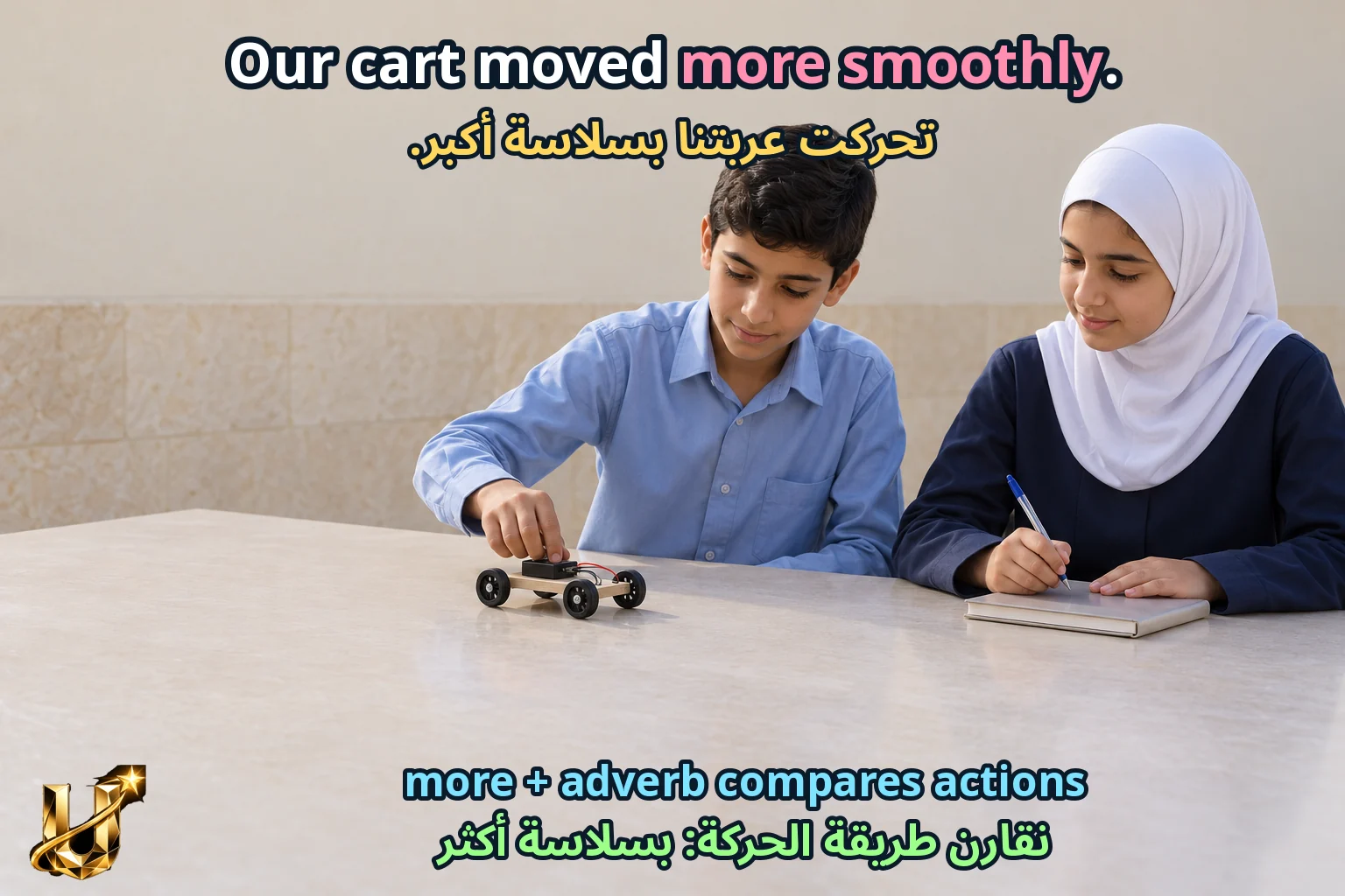 صورة تعليمية للدرس «نكتب ونتحدث — الاختراعات» مع الجملة الإنجليزية وترجمتها العربية.