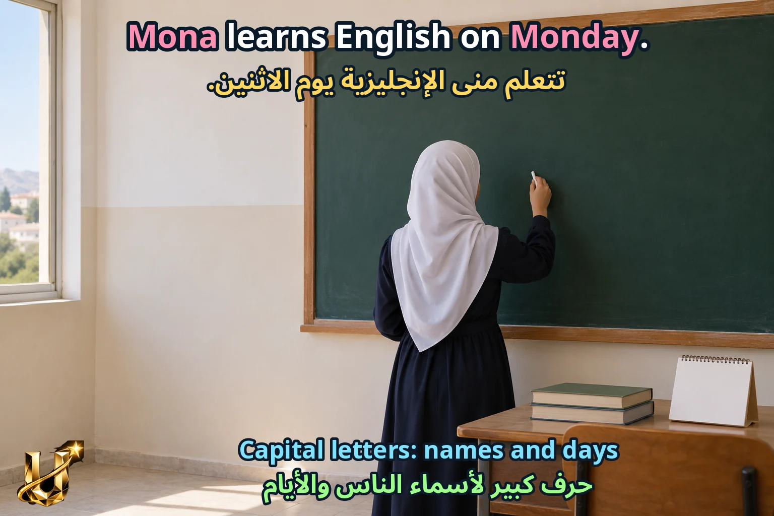 صورة تعليمية للدرس «الحروف الكبيرة ونهاية الجملة» مع الجملة الإنجليزية وترجمتها العربية.