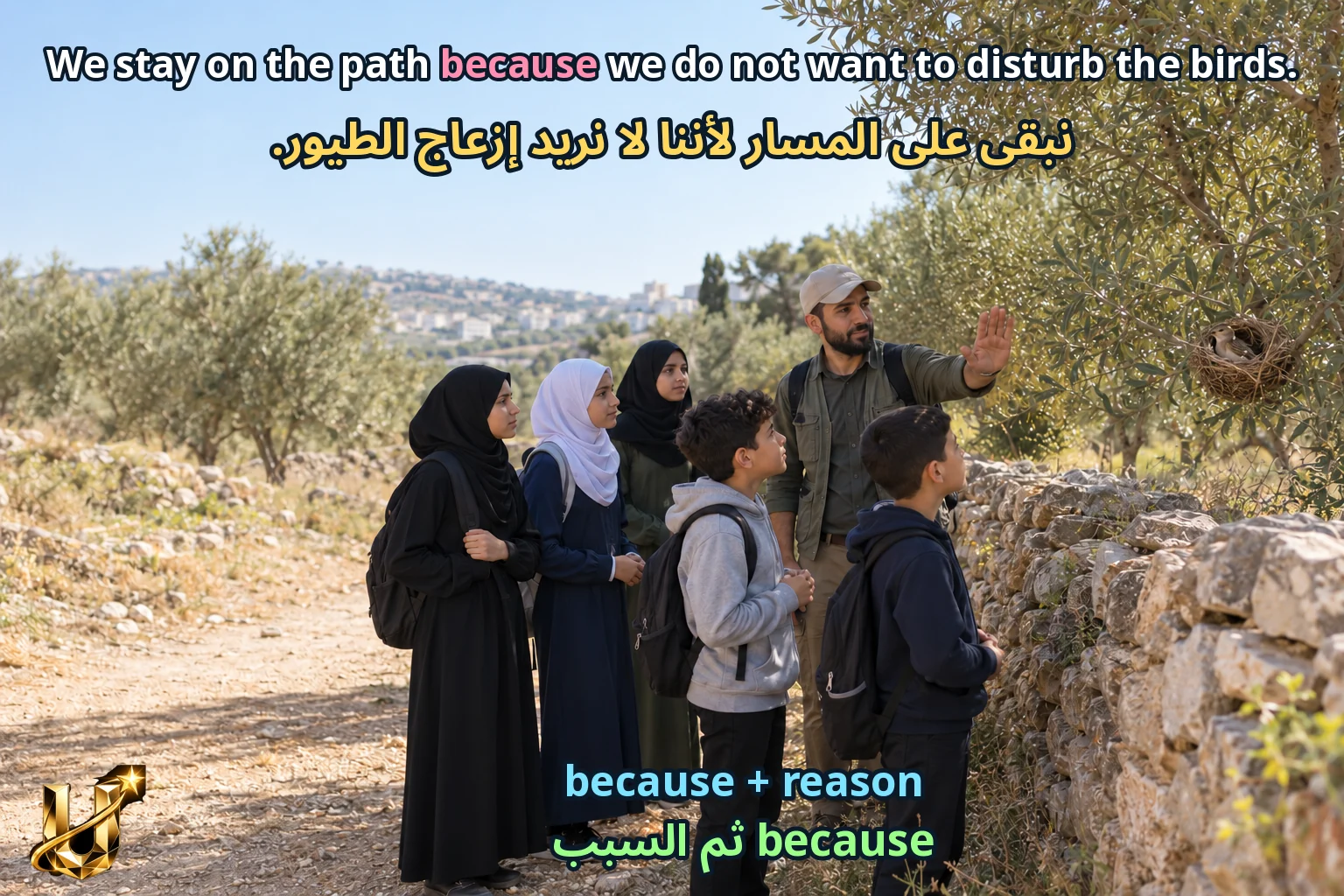 صورة تعليمية للدرس «because وso مع اتجاه واضح للمعنى» مع الجملة الإنجليزية وترجمتها العربية.