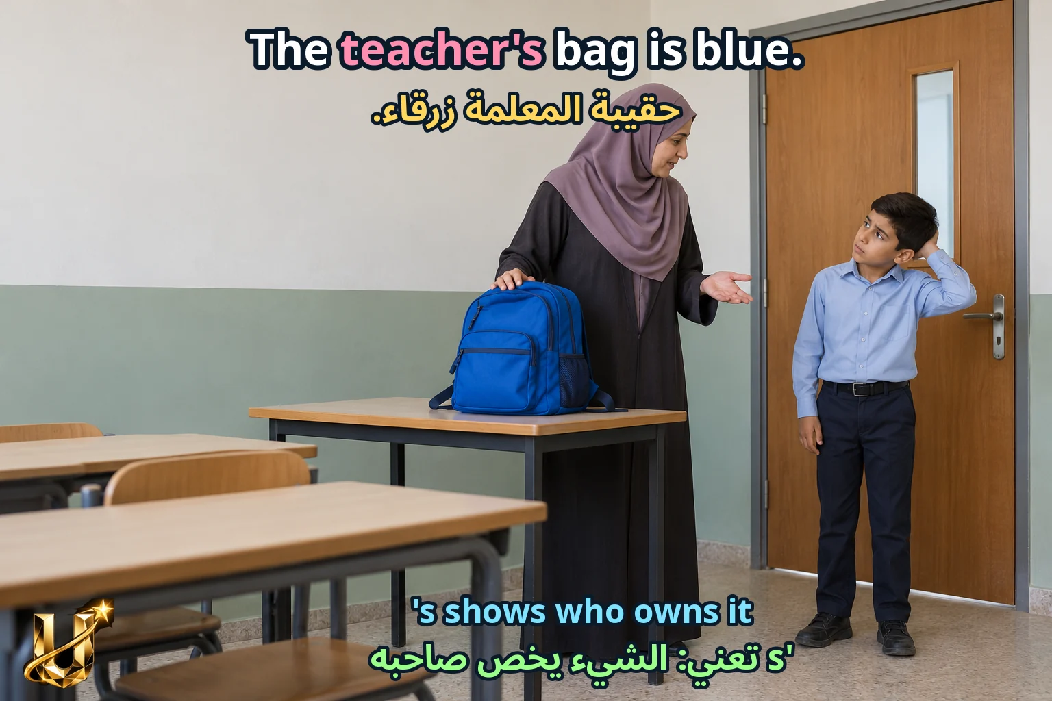 صورة تعليمية للدرس «الاختصار والملكية» مع الجملة الإنجليزية وترجمتها العربية.