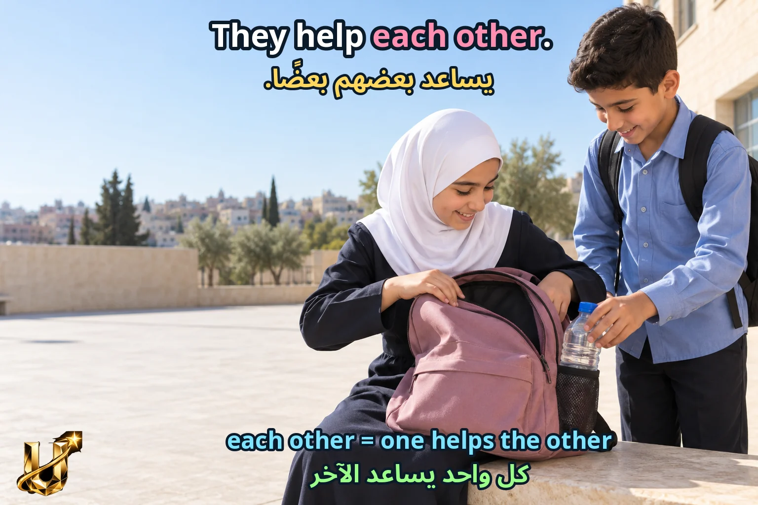 صورة تعليمية للدرس «الضمير الانعكاسي والتوكيد والتبادل» مع الجملة الإنجليزية وترجمتها العربية.