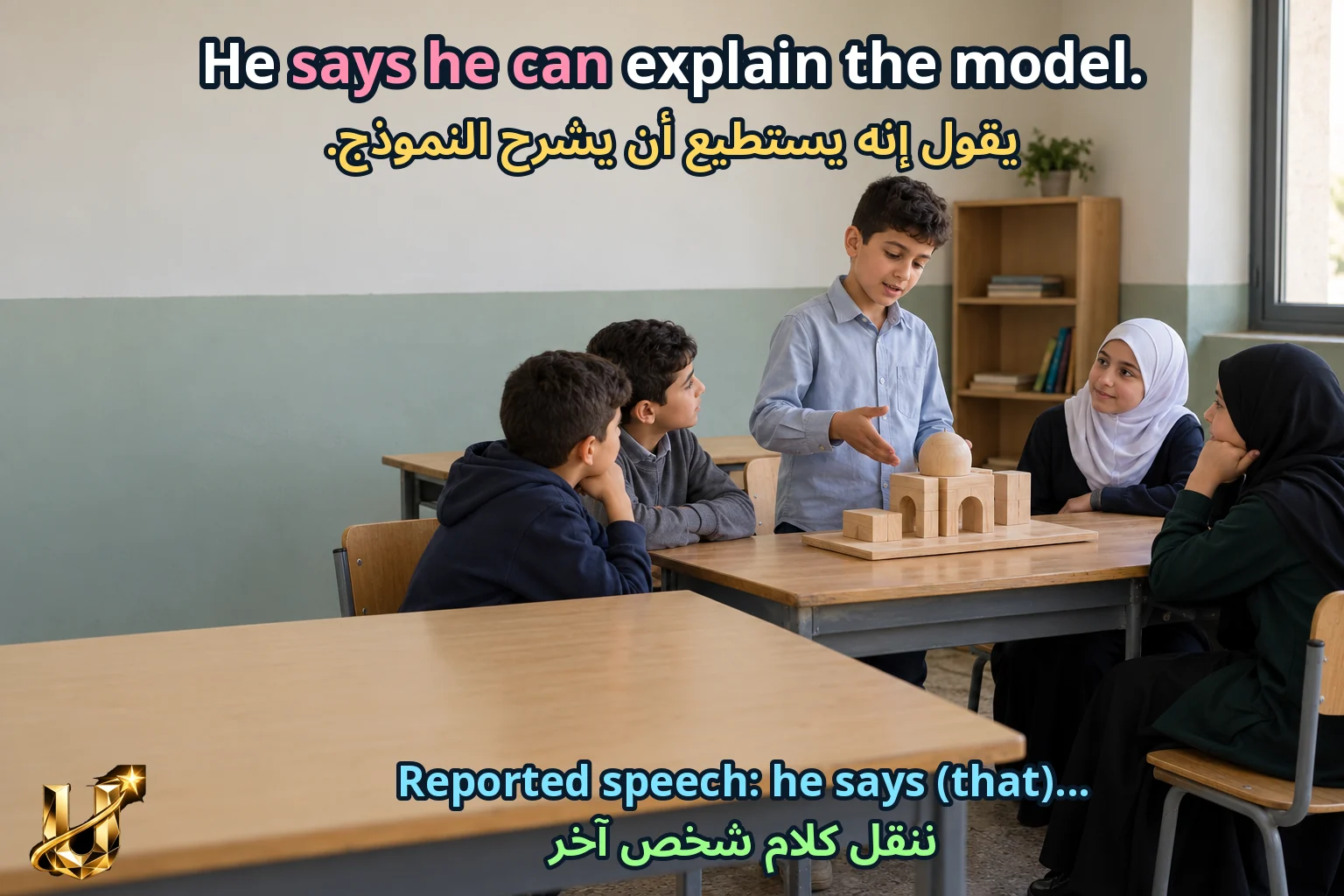 صورة تعليمية للدرس «نقل القول والأسئلة المذيلة مع الأفعال الناقصة» مع الجملة الإنجليزية وترجمتها العربية.