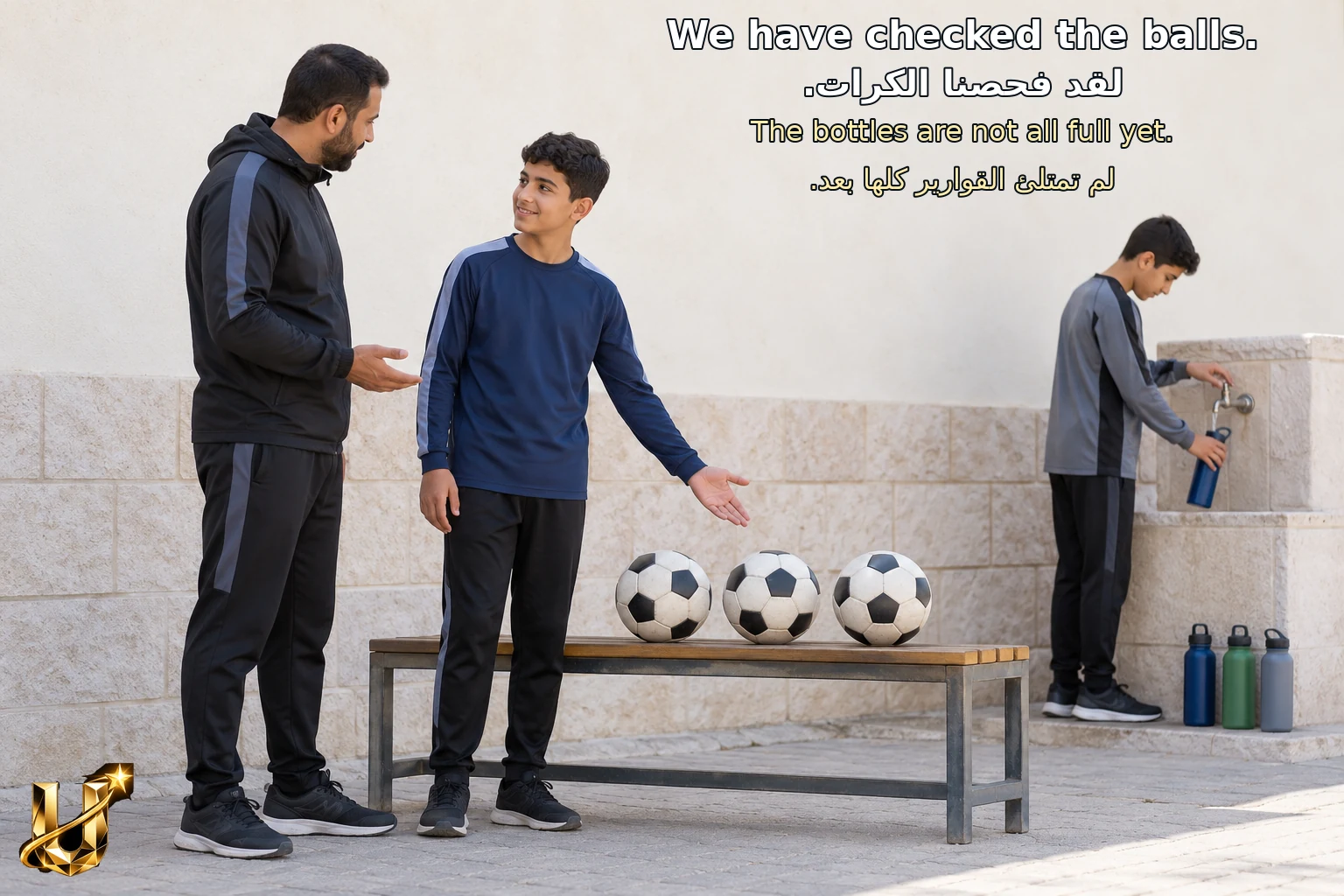 لاعب يبلغ مدربه بفحص الكرات، بينما زميله يكمل تعبئة قوارير الماء.