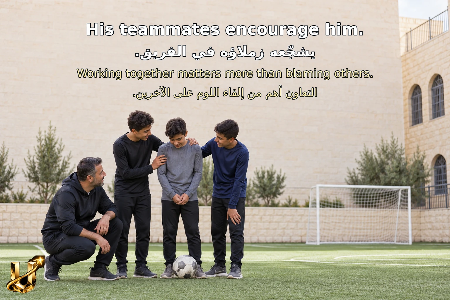 زملاء في فريق مدرسي بالخليل يشجعون لاعبًا قبل أول مباراة له.