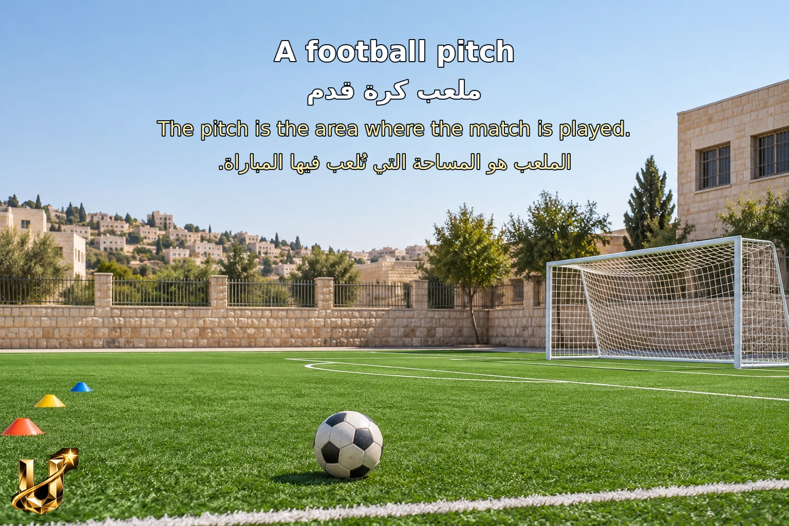 ملعب كرة قدم مدرسي بالخليل يوضح معنى مساحة اللعب.