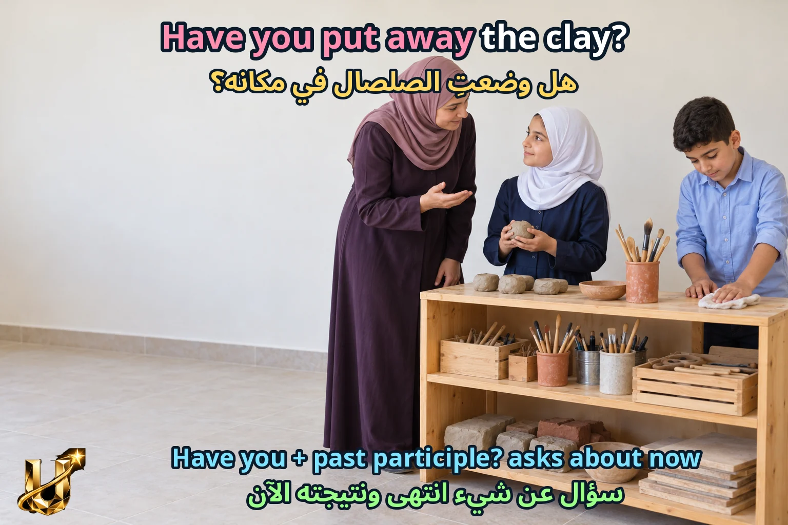 صورة تعليمية للدرس «نستمع للتفاصيل — معرض الحرف» مع الجملة الإنجليزية وترجمتها العربية.