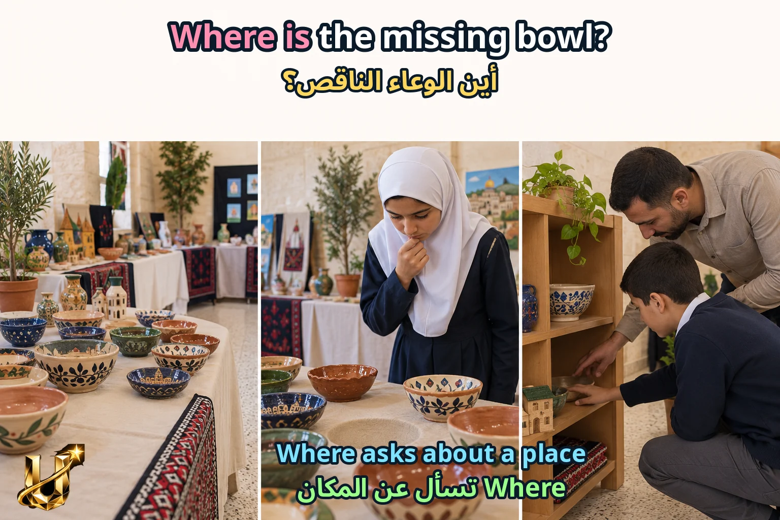 صورة تعليمية للدرس «قصة مصورة للحرف» مع الجملة الإنجليزية وترجمتها العربية.