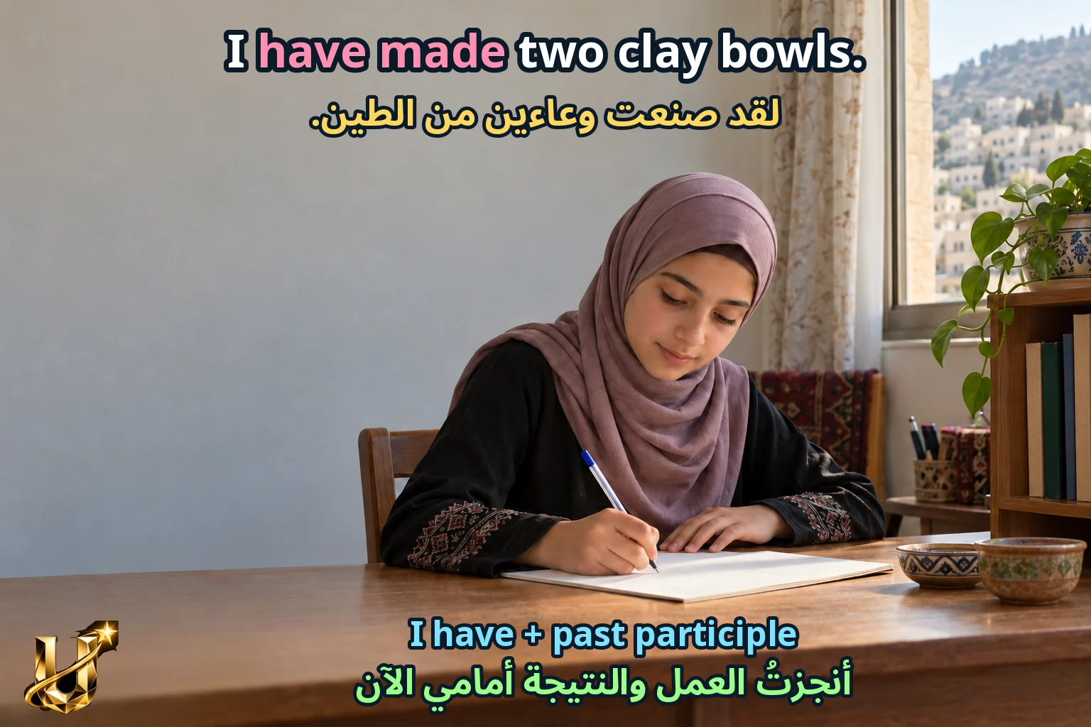 صورة تعليمية للدرس «نكتب ونتحدث — معرض الحرف» مع الجملة الإنجليزية وترجمتها العربية.