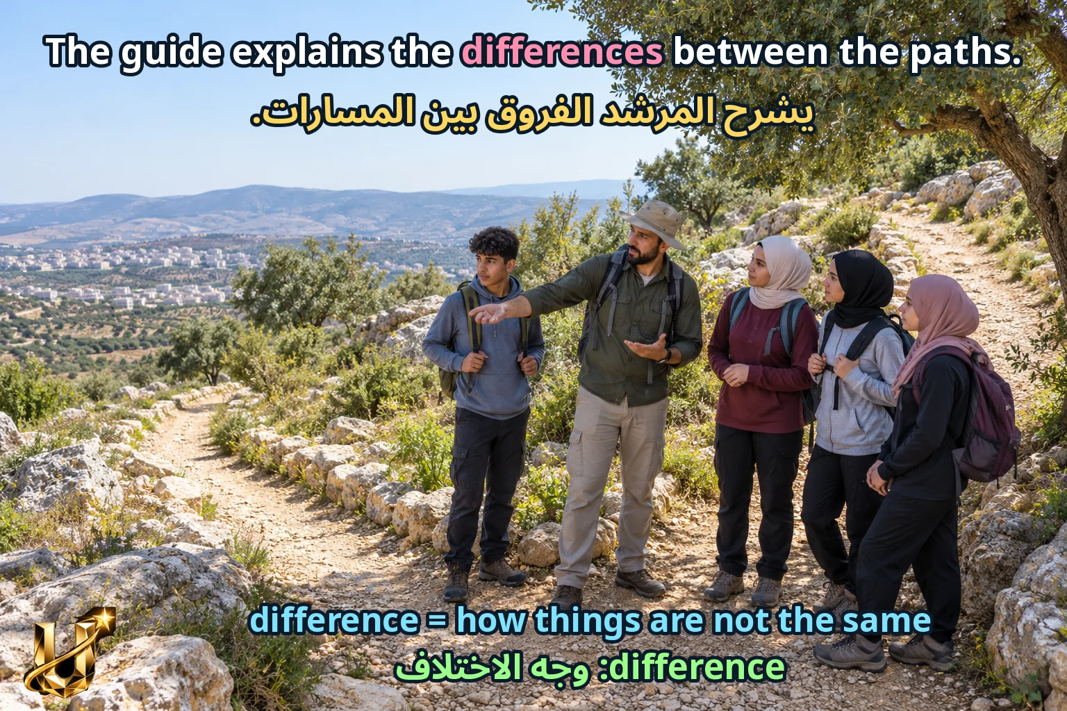 صورة تعليمية للدرس «استكمال المفردات والتراكيب — المشي في الطبيعة» مع الجملة الإنجليزية وترجمتها العربية.