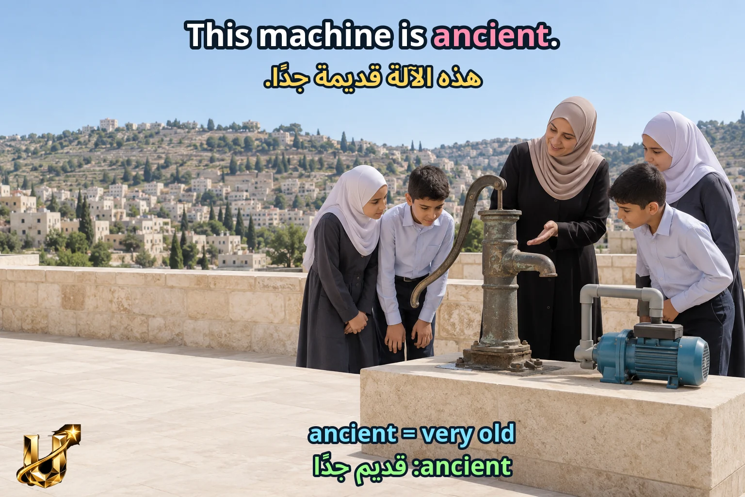 صورة تعليمية للدرس «المفردات في السياق — التقنية ونقل الكلام» مع الجملة الإنجليزية وترجمتها العربية.