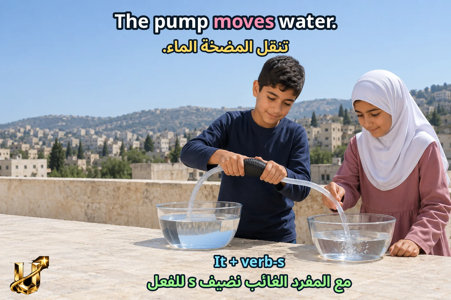 صورة تعليمية للدرس «نكتب ونتحدث — التقنية ونقل الكلام» مع الجملة الإنجليزية وترجمتها العربية.