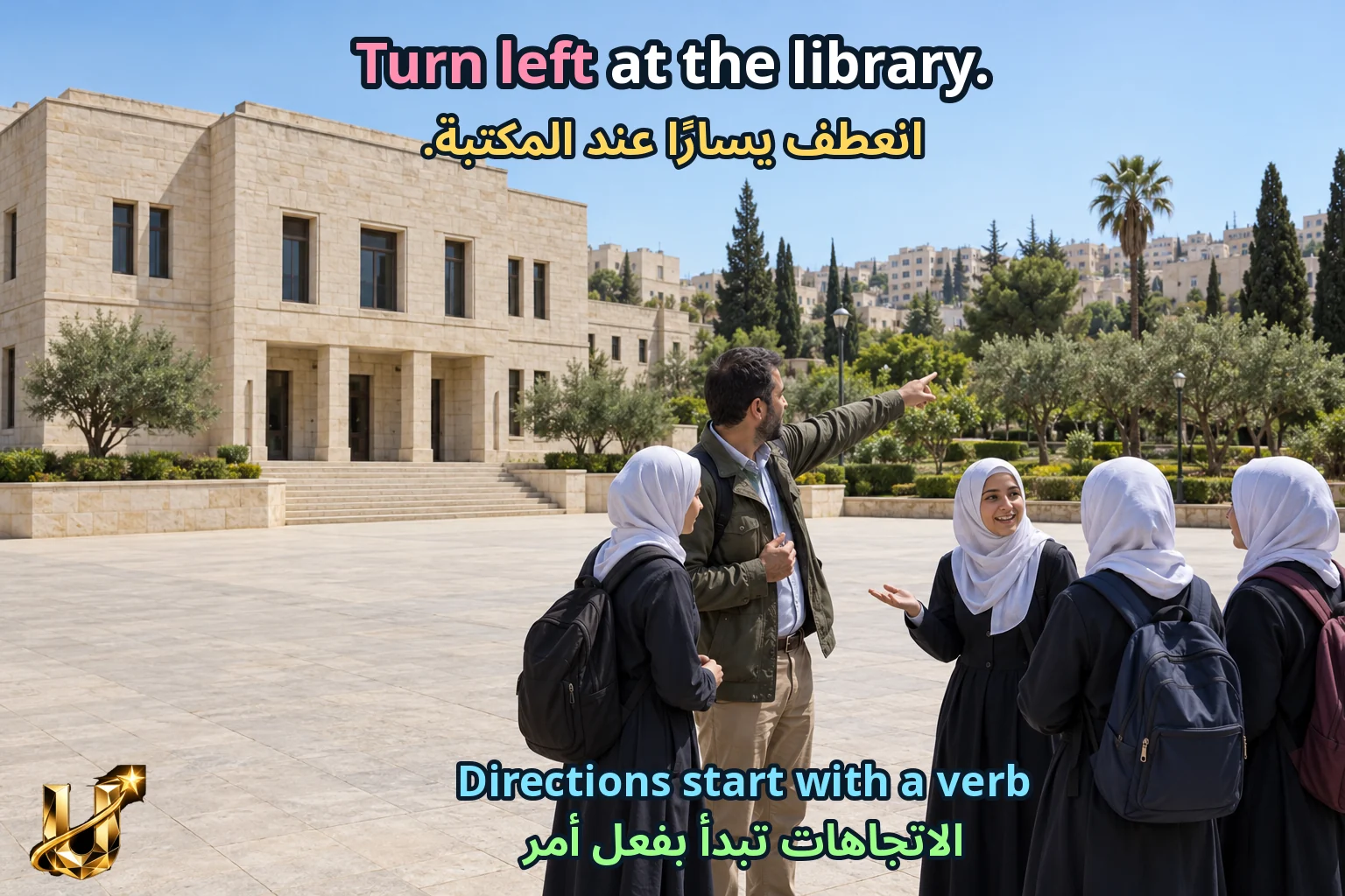صورة تعليمية للدرس «نستمع للتفاصيل — زيارة مدينة» مع الجملة الإنجليزية وترجمتها العربية.