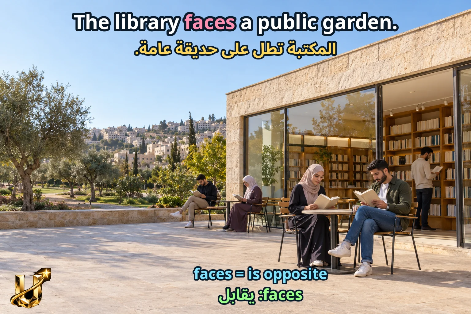 صورة تعليمية للدرس «كتيب مدينة أو قرية» مع الجملة الإنجليزية وترجمتها العربية.